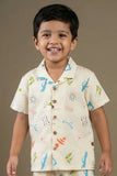 Off White Printed Night Suit Set For Boys
