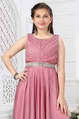 Onion Pink Shimmer Net Gown With Stone Waist Band For Girls