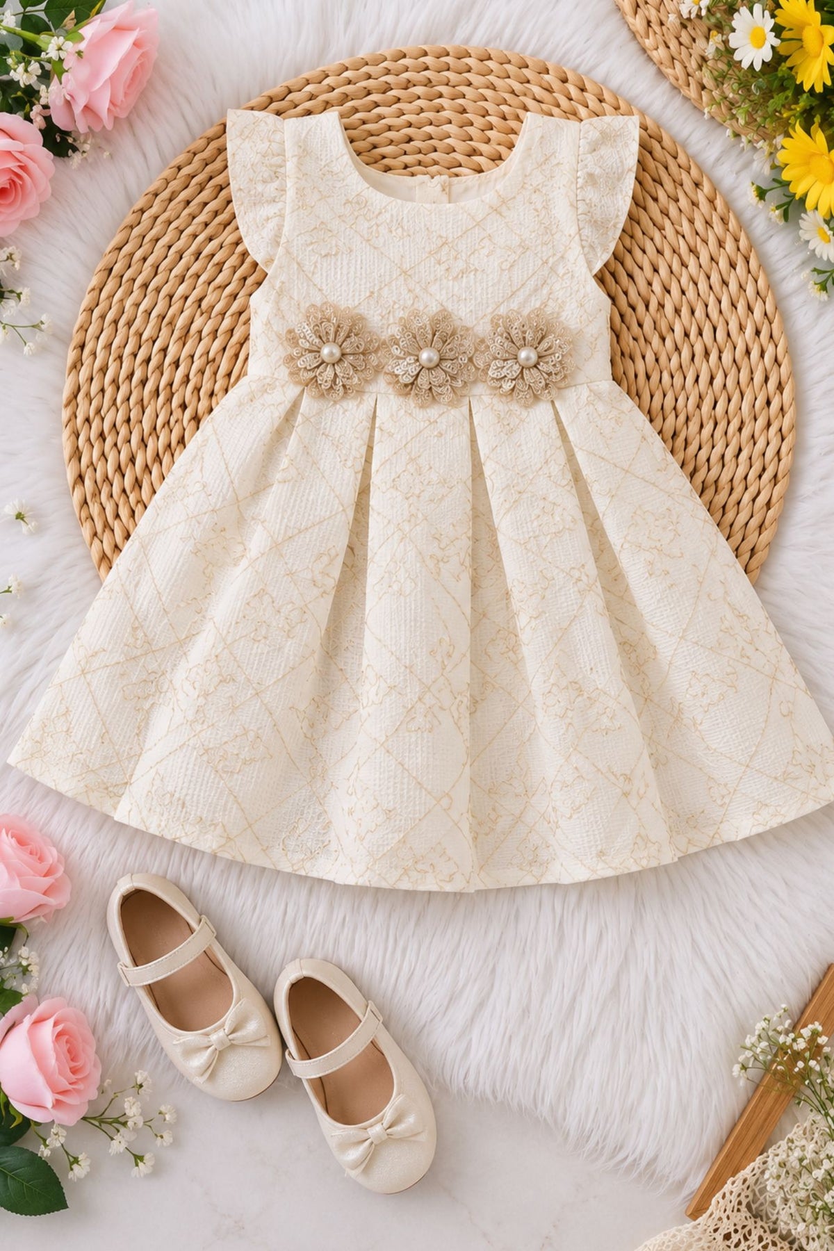 Girls Ivory Self-Embroidered Sequin Floral Yoke Frock
