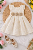 Girls Ivory Self-Embroidered Sequin Floral Yoke Frock