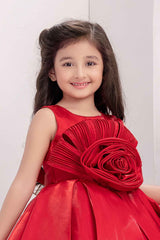 Red Embellished With Floral And Tail Back Frock For Girls