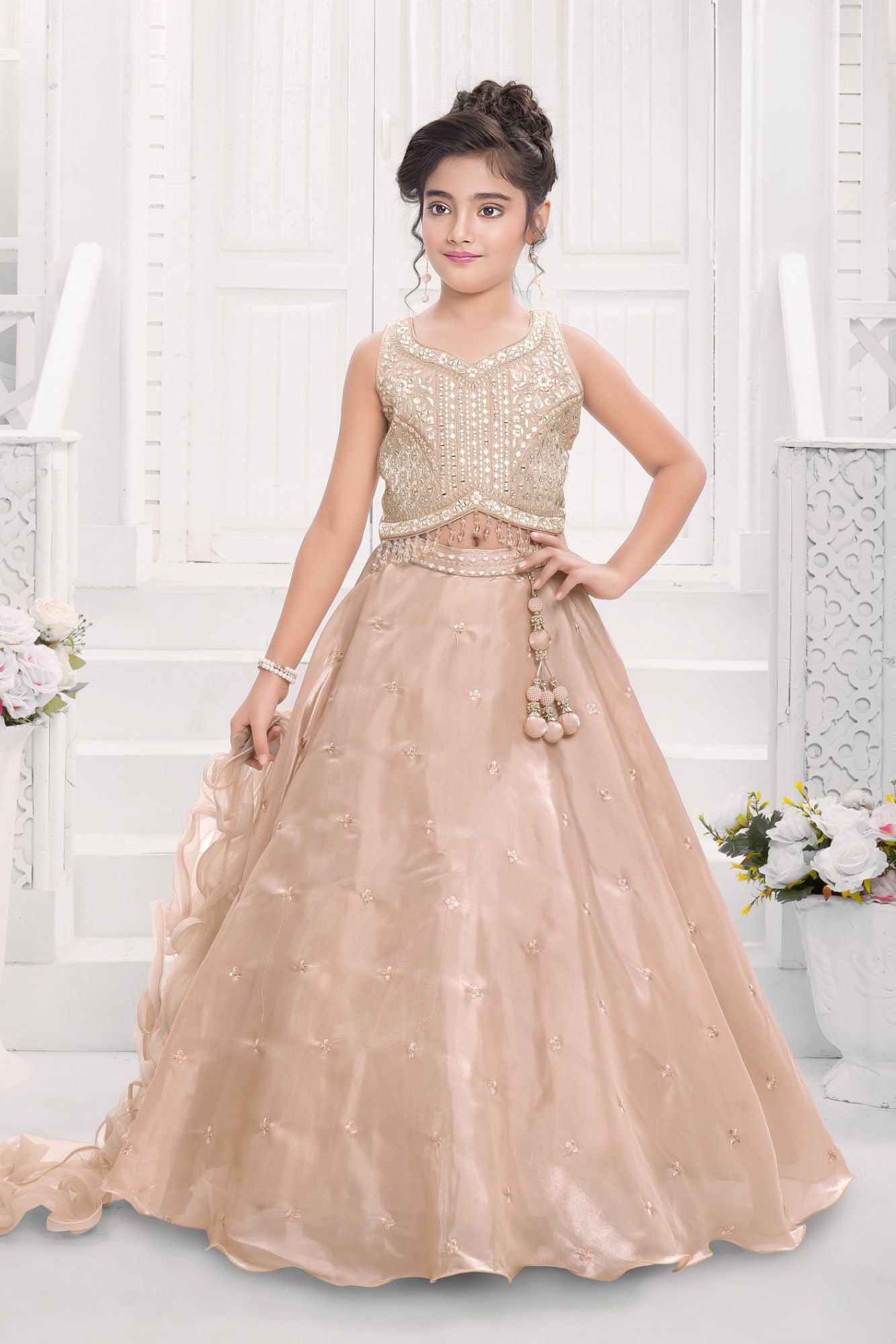 Fawn Embroidered Lehenga Choli Set with Dupatta For Girls