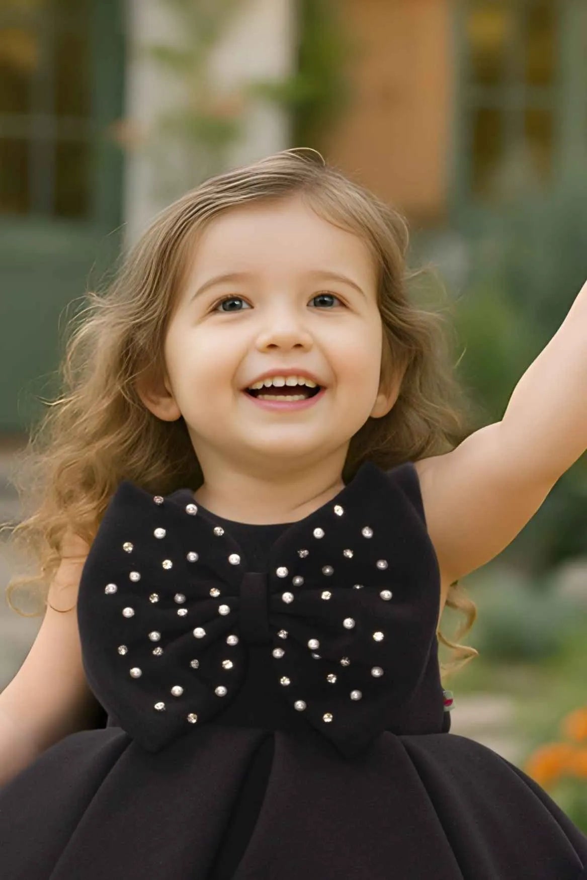 Black Party Frock With Pearl-Studded Bows For Girls