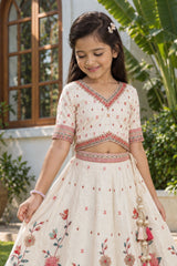 Ivory Floral Embroidered Lehenga Choli Set with Dupatta for Girls