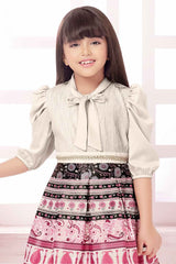 Fawn Printed Frock With Puffed Sleeves For Girls