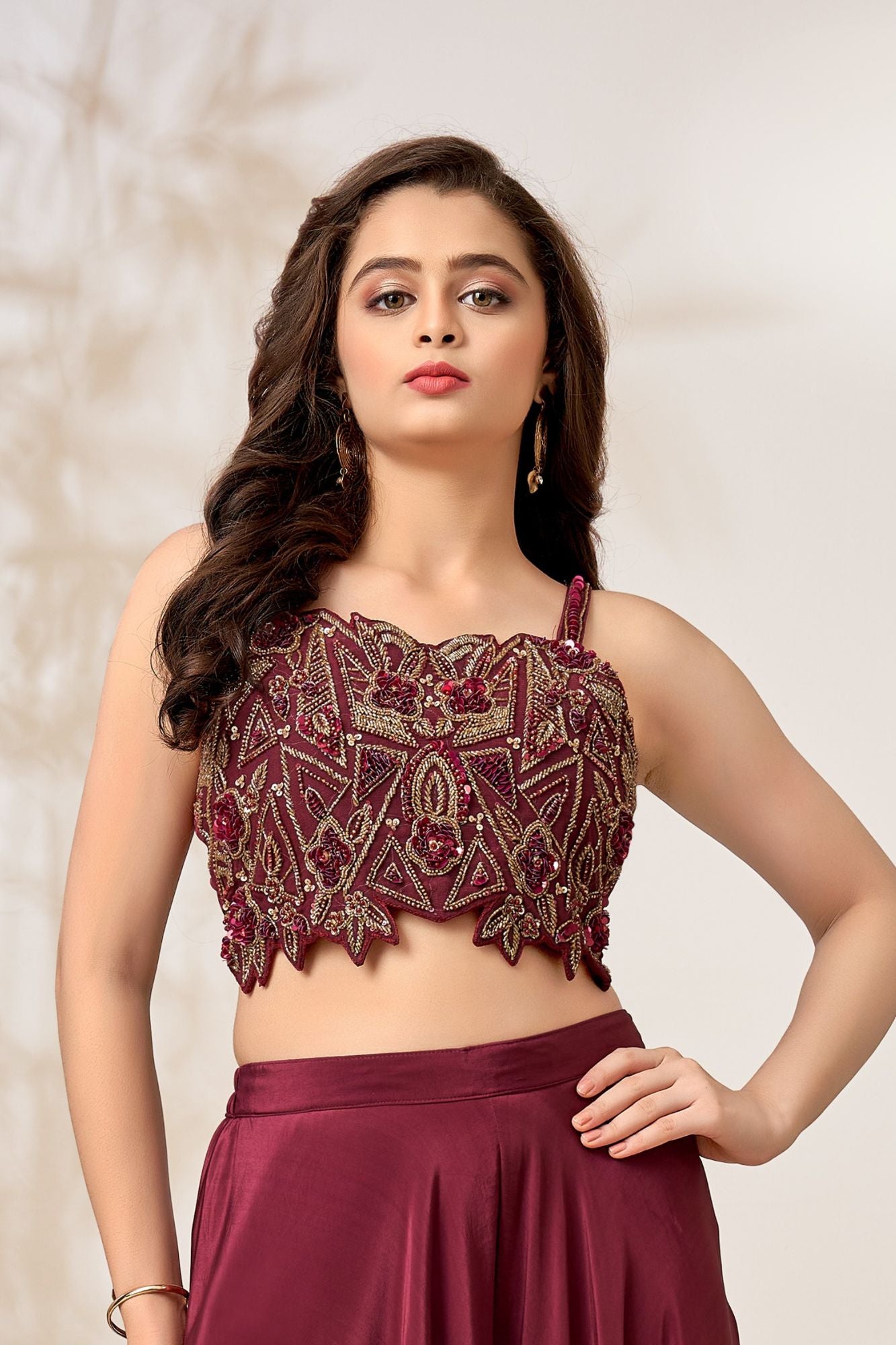 Plum Embroidered Crop Top with Flared Palazzo Set For Girls