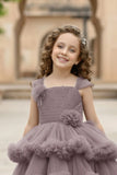 Mauve  Pearl And Stone Work With Floral Embellished Tail Back Frock For Girls