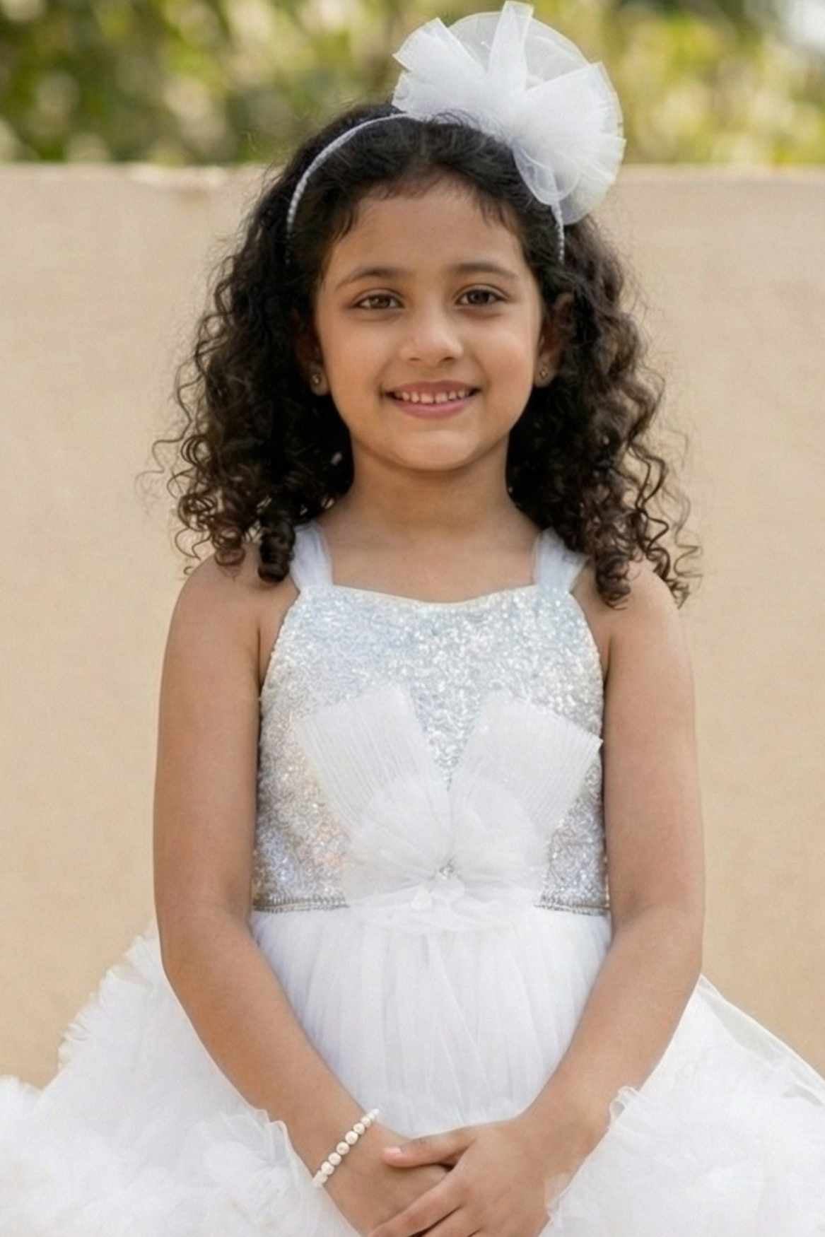 White Sequin High-Low Layered Party Frock with Bow For Girls