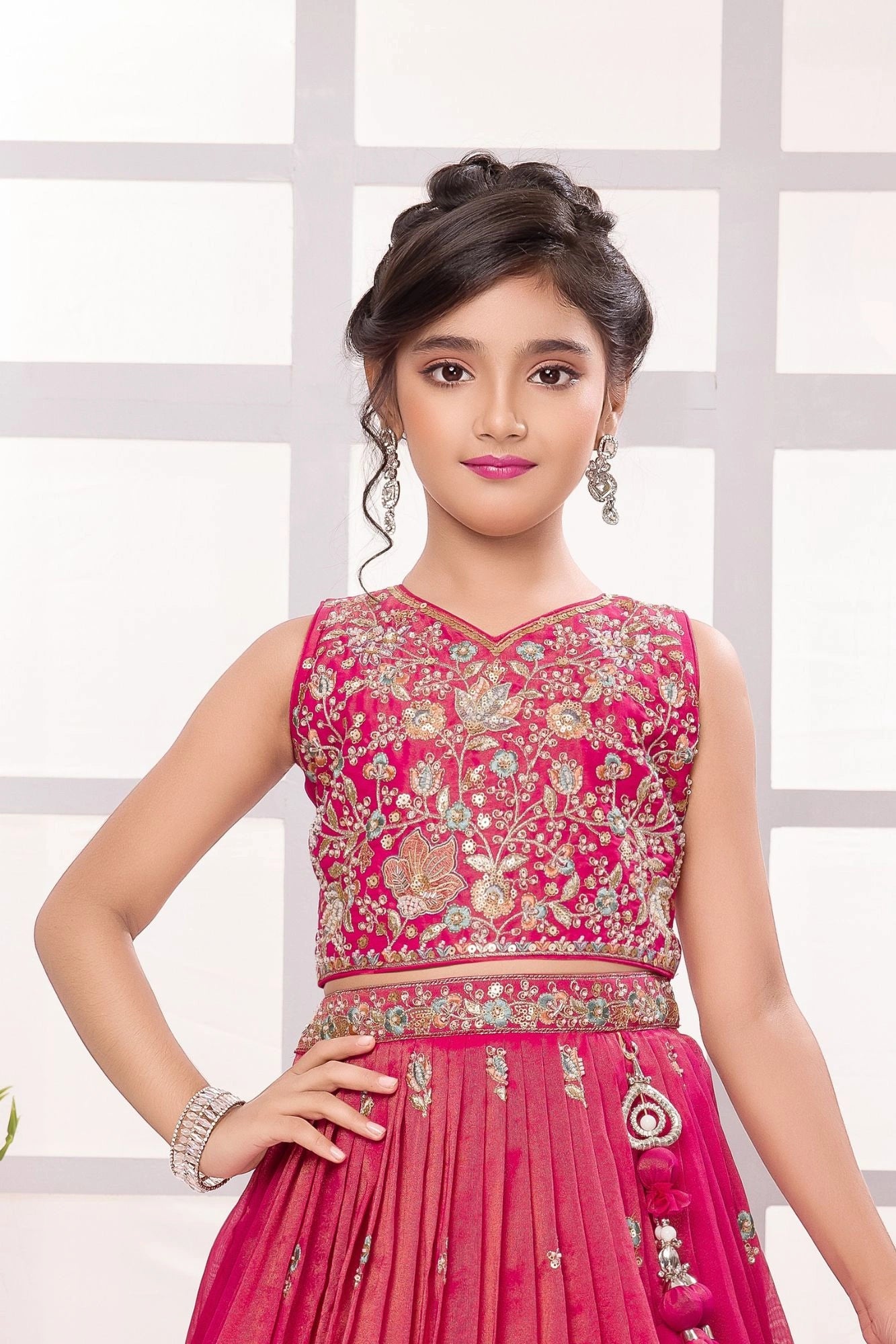 Royal Rani Pink Heavy Embroidered Lehenga Choli Set For Girls