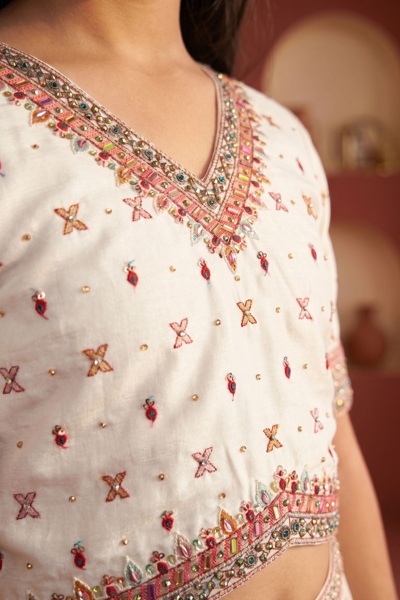 Ivory Floral Embroidered Lehenga Choli Set with Dupatta for Girls
