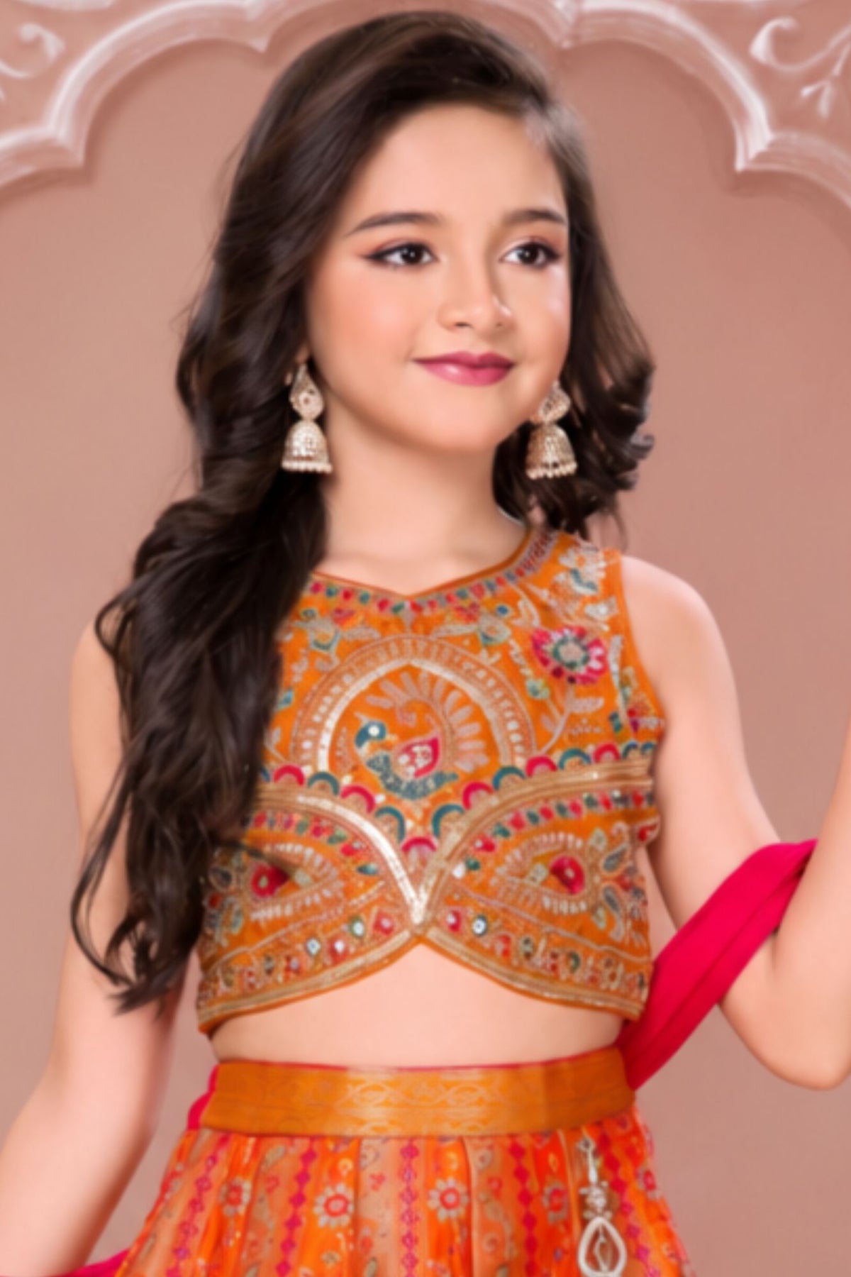 Girls Heavy Embroidered Orange And Pink Lehenga Choli Set With Dupatta