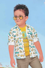 Cream Printed Shirt And Fawn Pant With T Shirt Set For Boys