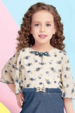 Stylish Blue Printed Dress With Frill Sleeves For Girls