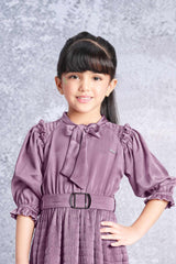 Stylish Mauve Crushed Dress With Waist Belt For Girls - Lagorii Kids