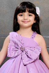 Purple Sleeveless And Bow Embellishment With Stone And Pearl Work Frock For Girls