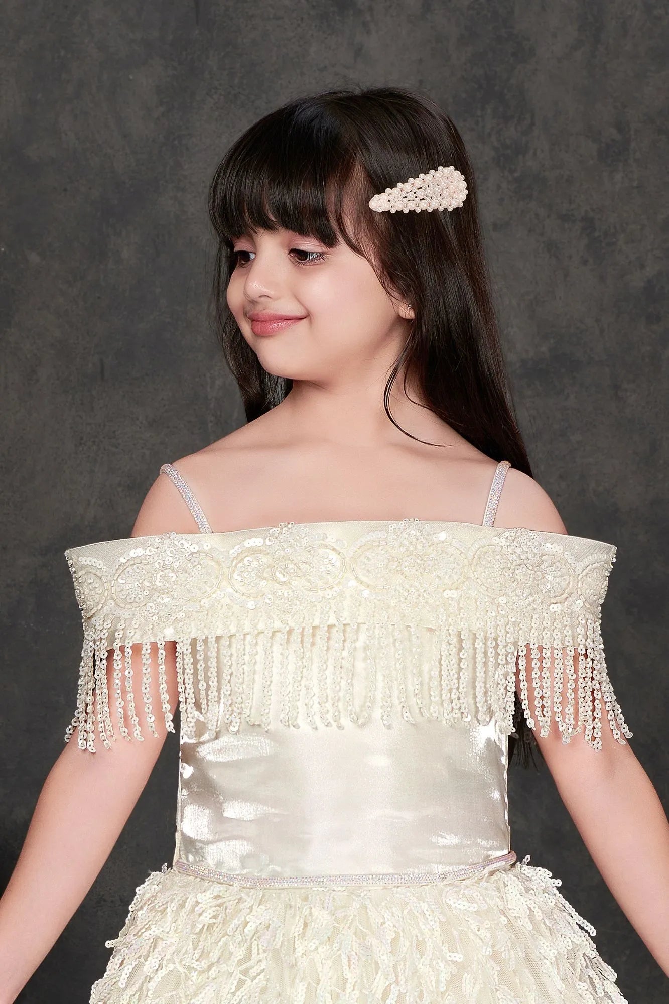 Off-Shoulder White Party Wear Gown with Pearl Fringe and Textured Net Skirt For Girls