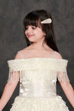 Off-Shoulder White Party Wear Gown with Pearl Fringe and Textured Net Skirt For Girls