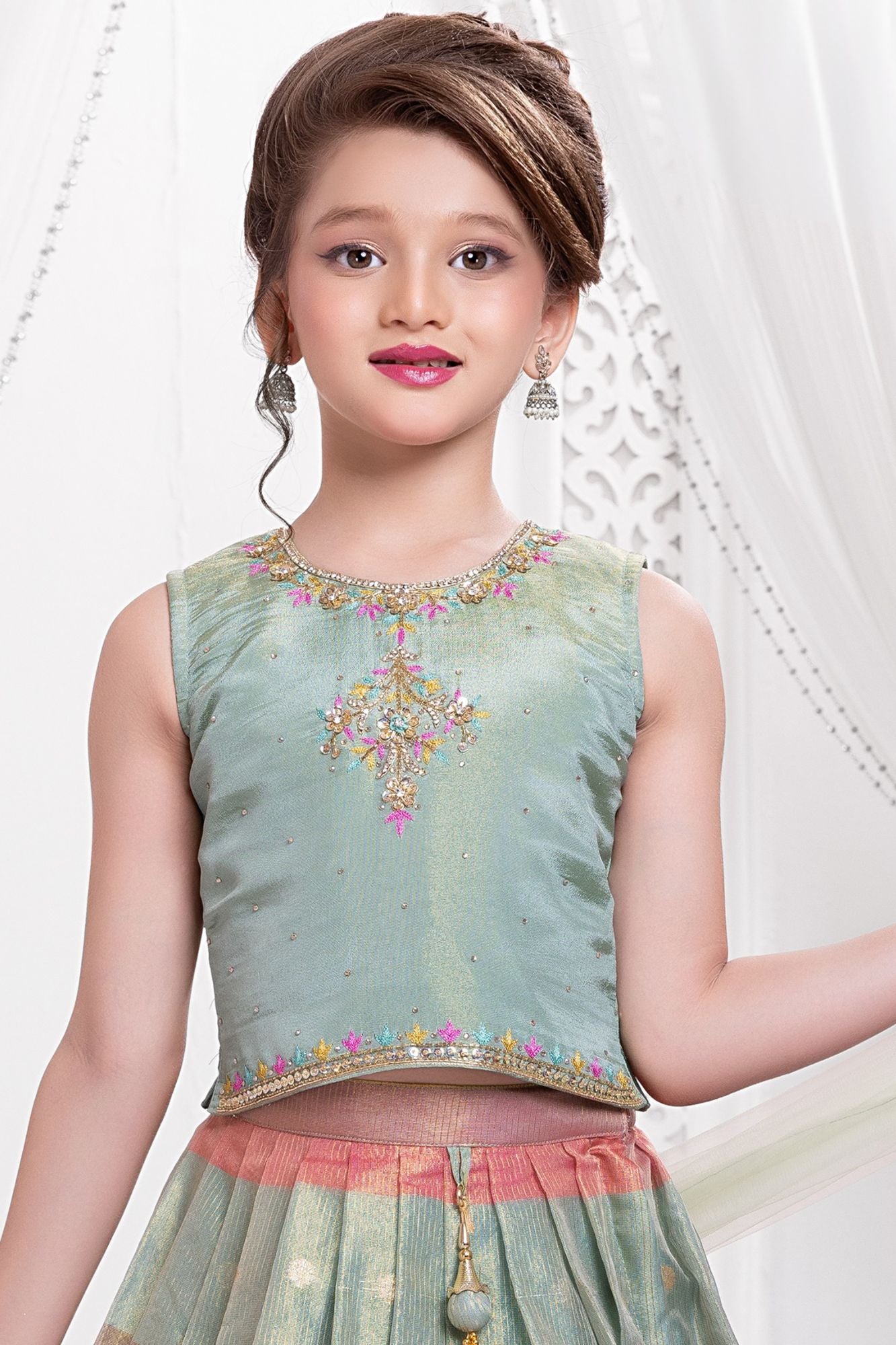 Mint Green Color Block Lehenga Choli with Dupatta for Girls