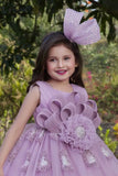 Lavender Floral Embellished Party Wear Gown With Sequin Detailing For Girls