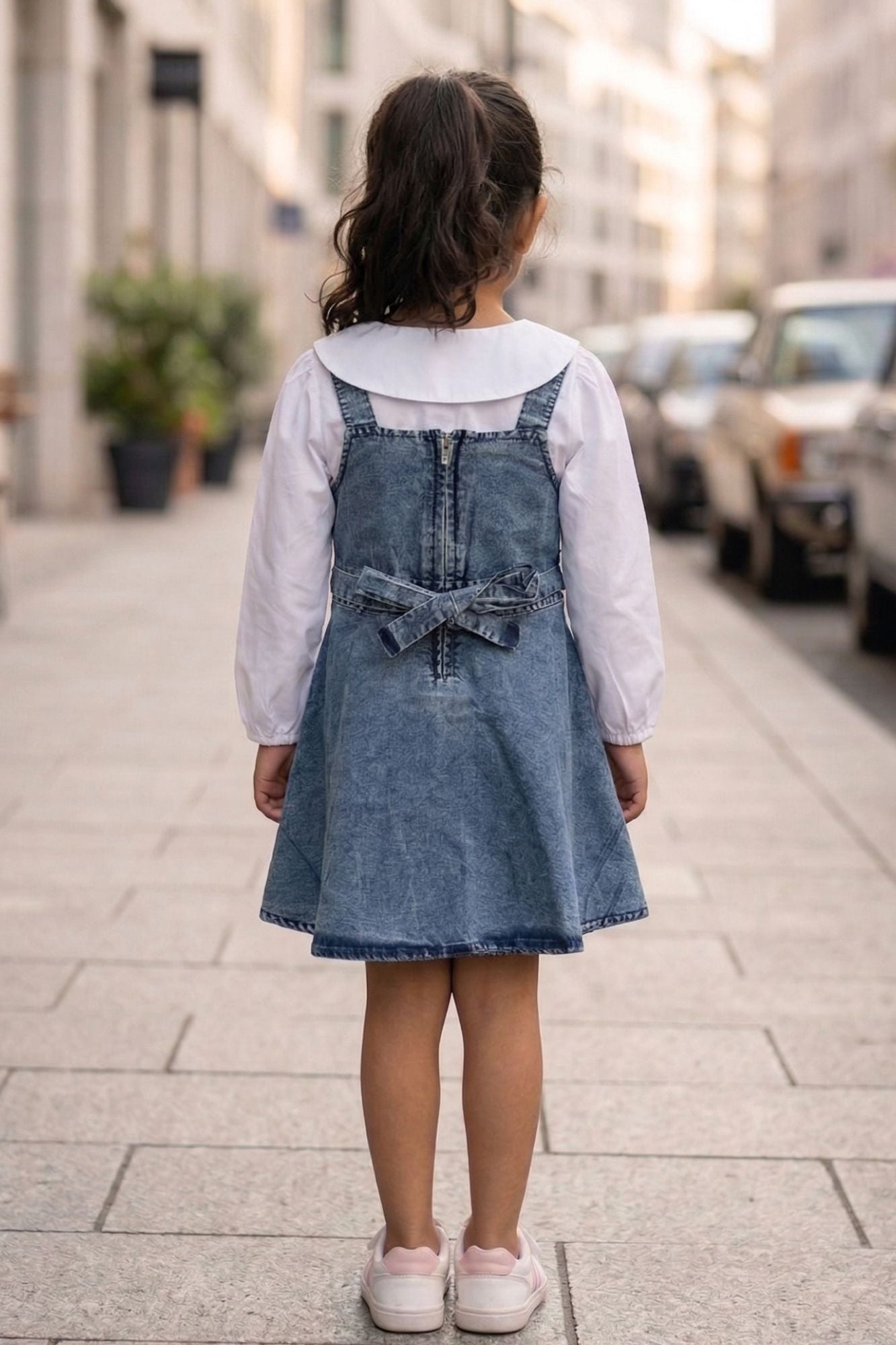Girls Blue Denim Dungaree Set With Embroidered Detail And White Top