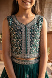 Girls Teal Green Floral Embroidered Ethnic Lehenga Choli Set with Dupatta