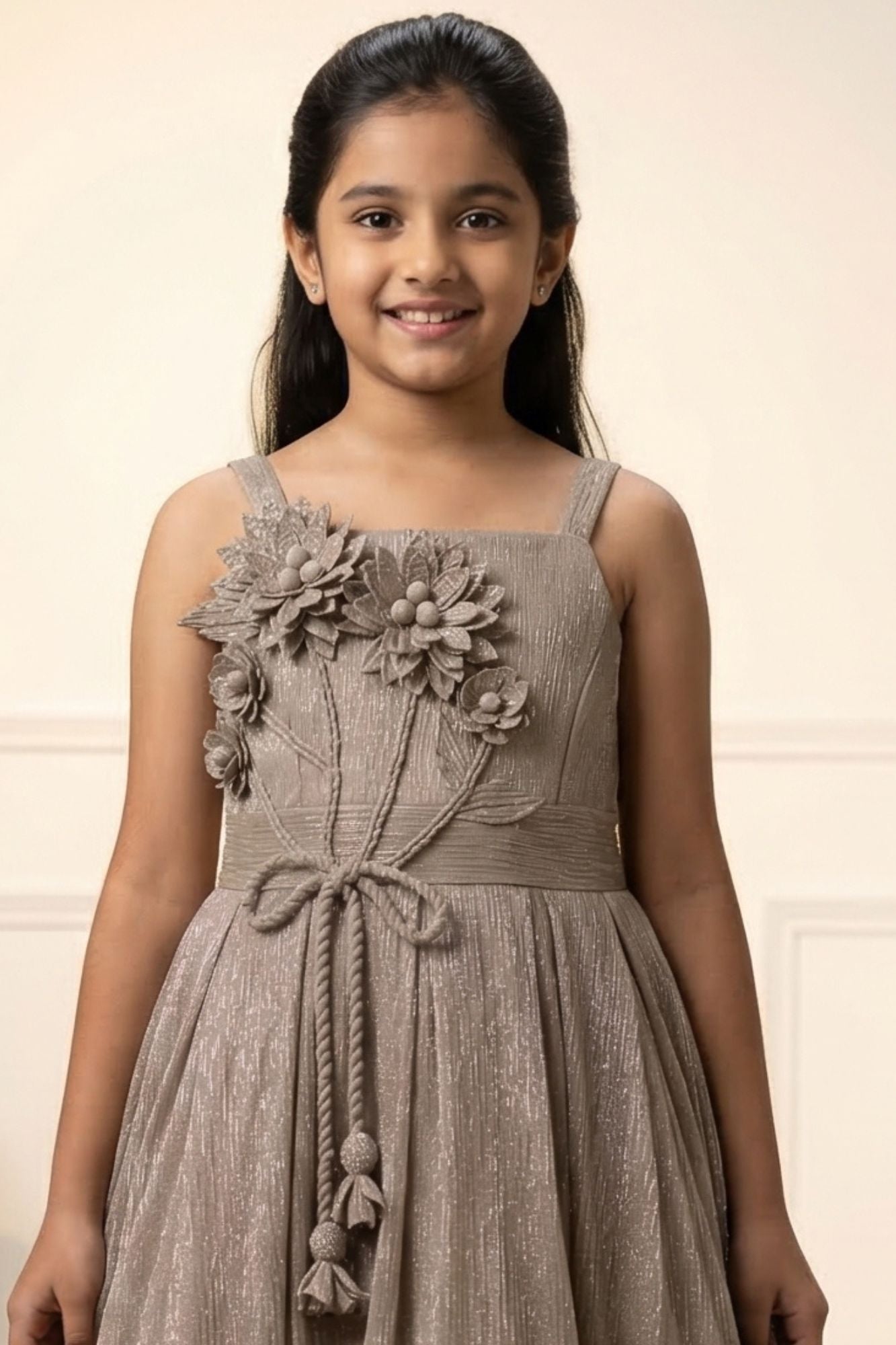 Fawn Shimmer Party Wear Gown with 3D Floral Appliqué For Girls