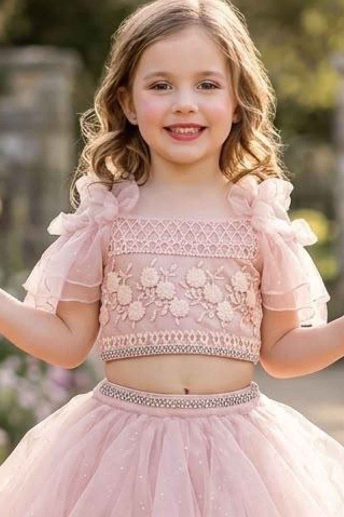 Blush Pink Floral Ruffle Lehenga Choli For Girls