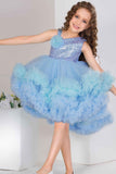 Blue Sequin Bodice Party Frock with Layered Ruffle Hem For Girls
