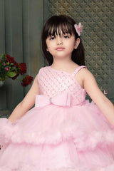 Pink Sequin Tailback Party Frock With Bow Embellishment For Girls - Lagorii Kids