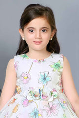 Cream Sleeveless Floral Printed Frock With Flower Embellishment For Girls