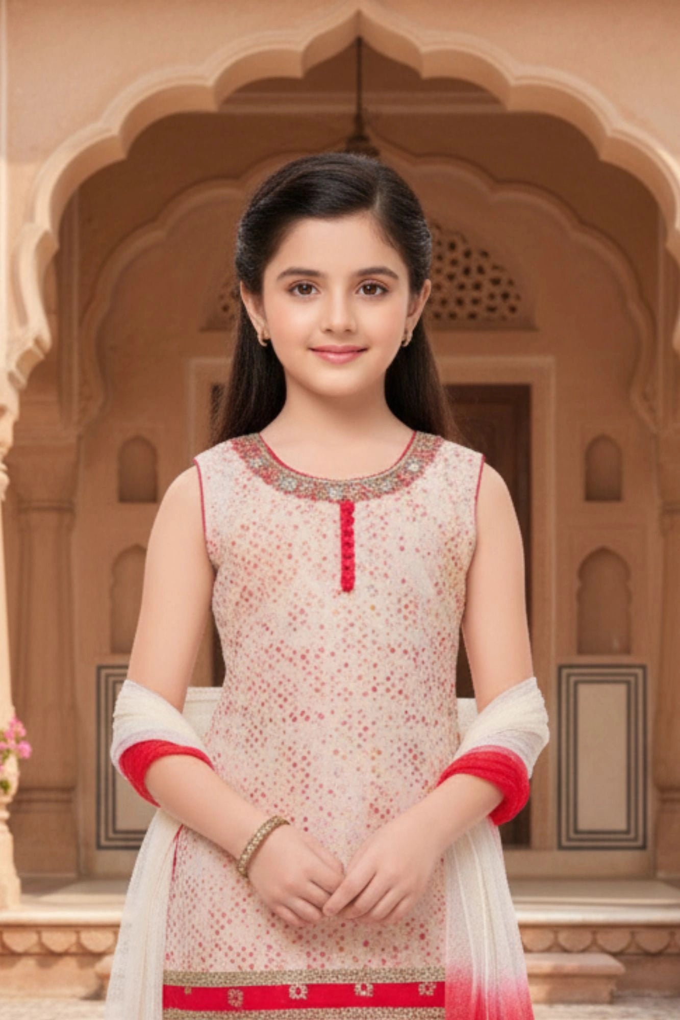 Cream and Red Printed Patiala Suit with Dupatta For Girls
