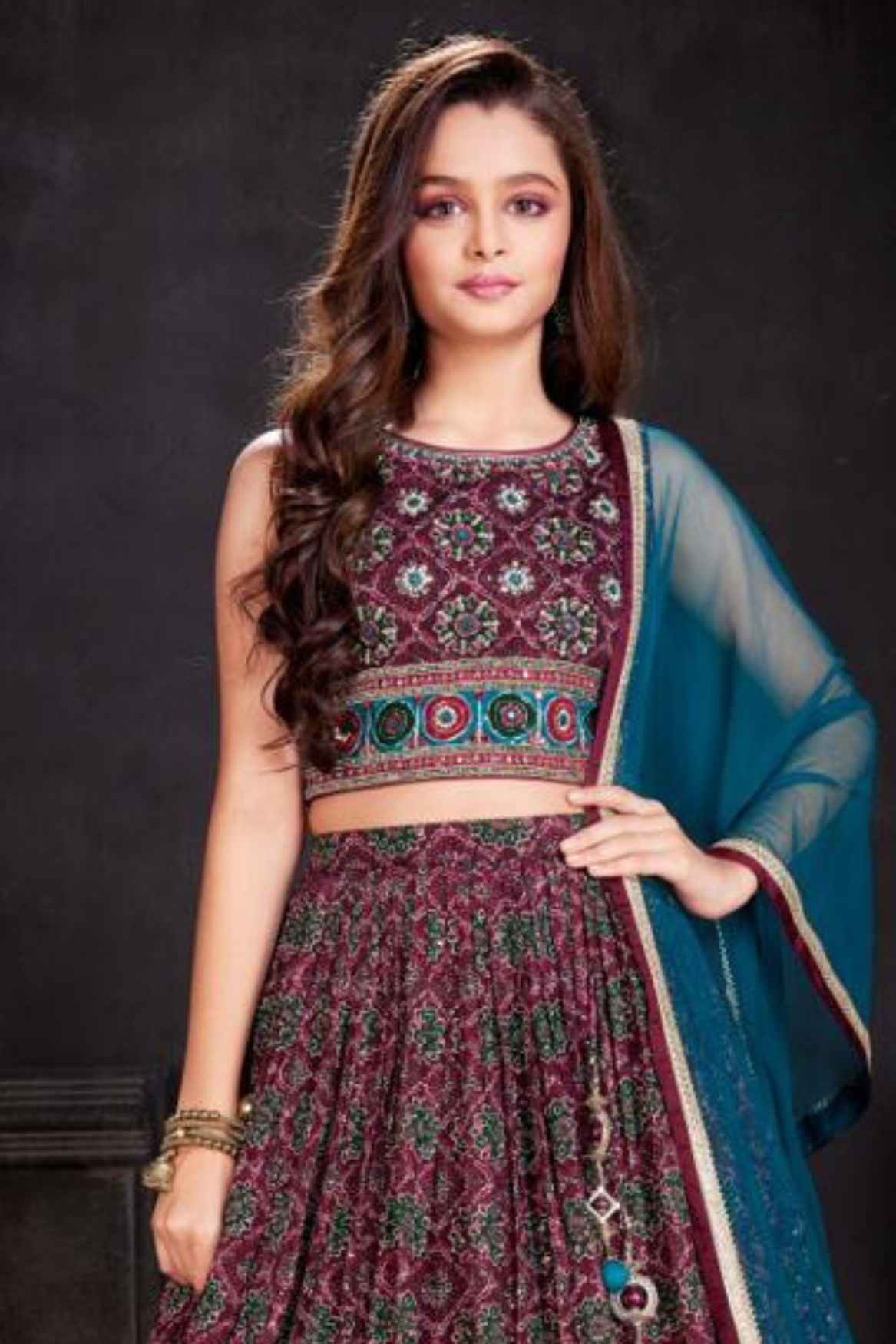 Wine & Teal Printed Lehenga Choli Set with Dupatta