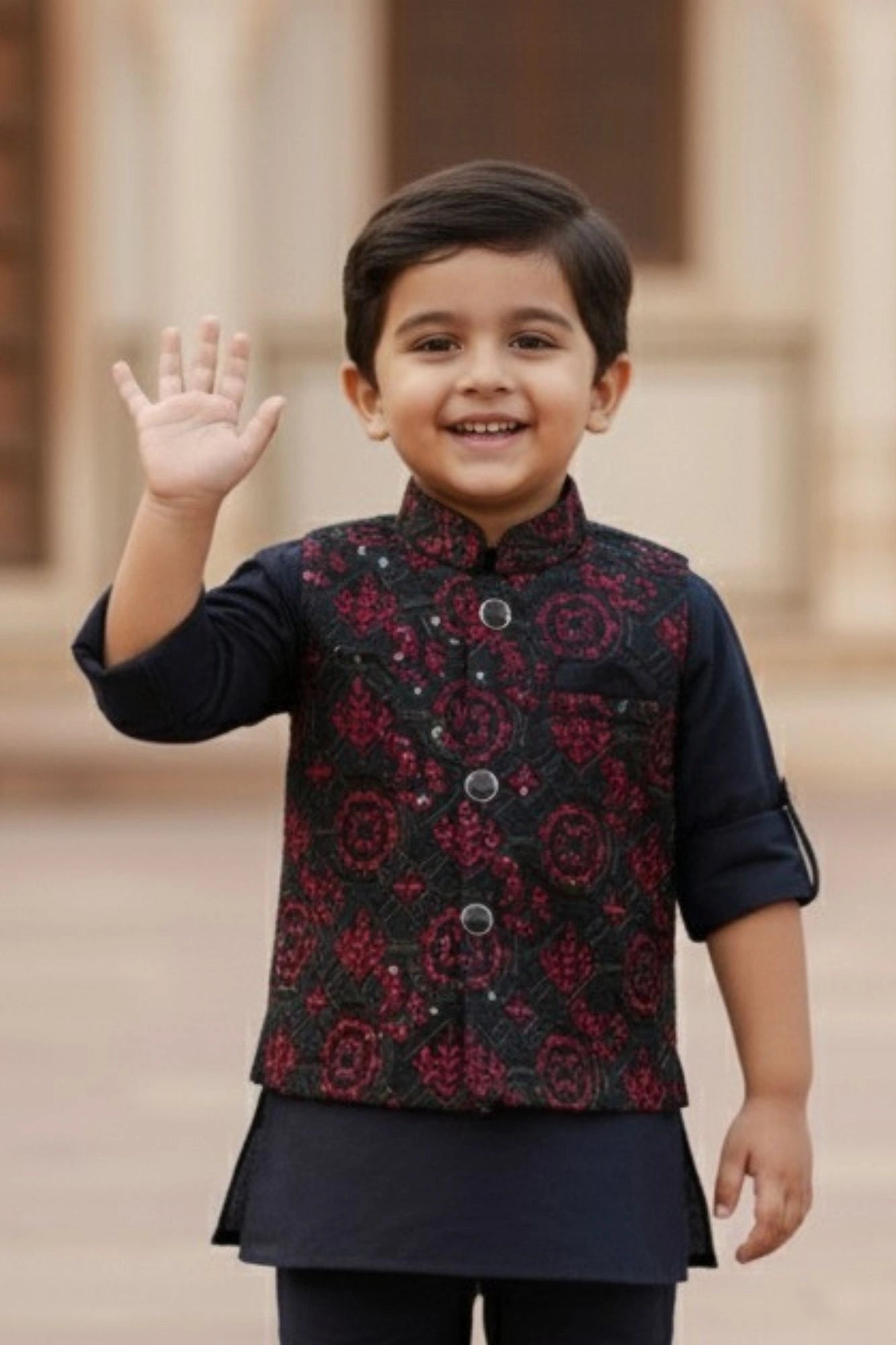 Navy Blue Embroidered Kurta Set with Nehru Jacket For Boys