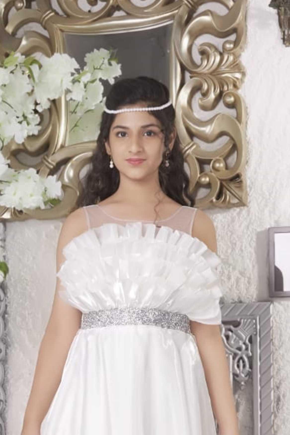 Designer White With Ruffled Satin Gown For Girls - Lagorii Kids