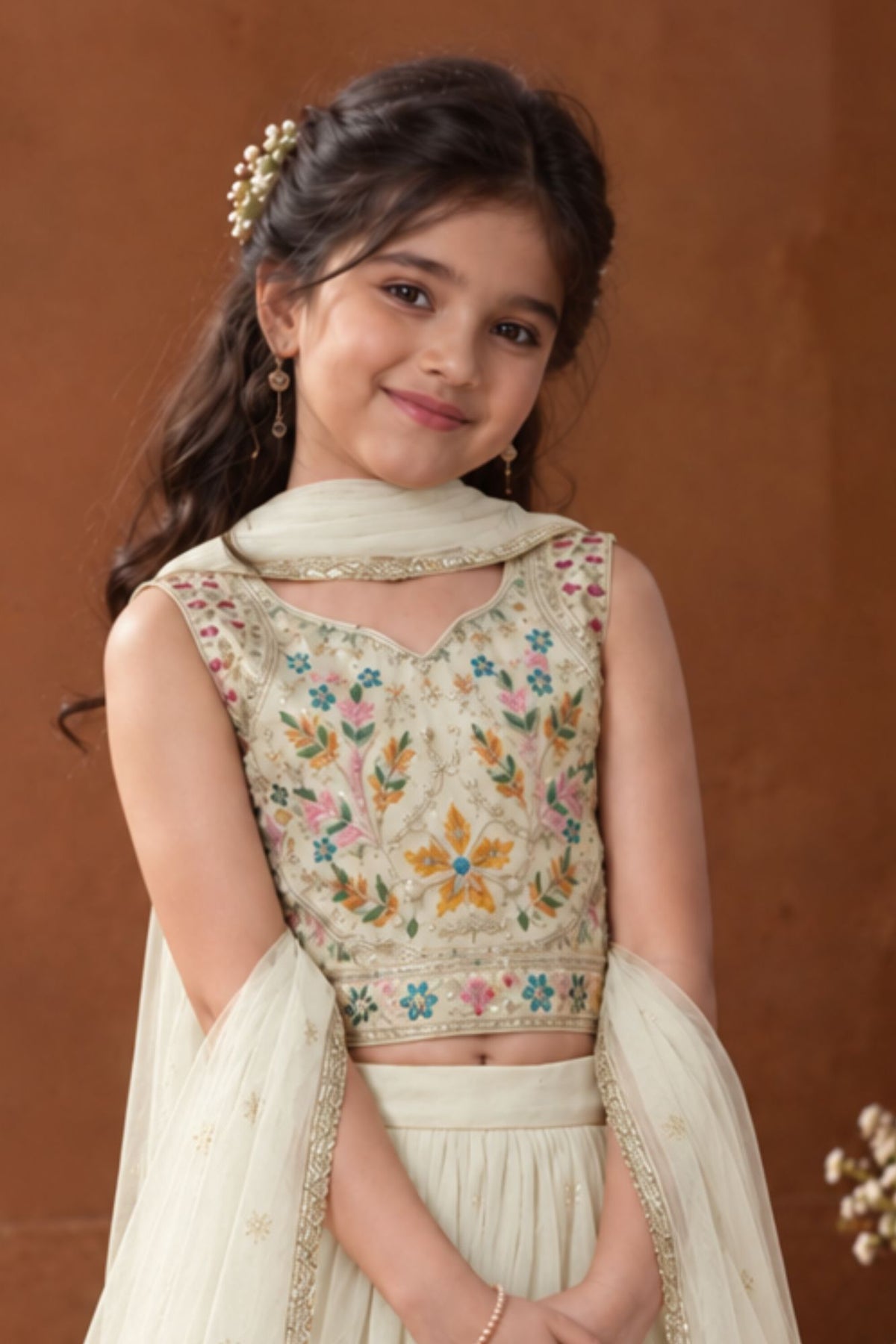 Cream Multicolor Embroidered Lehenga Choli For Girls