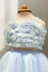 Stylish Blue Ruffled Top With Skirt Set For Girls