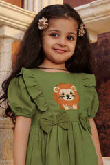 Stylish Green Casual Frock With Bow Embellished For Girls