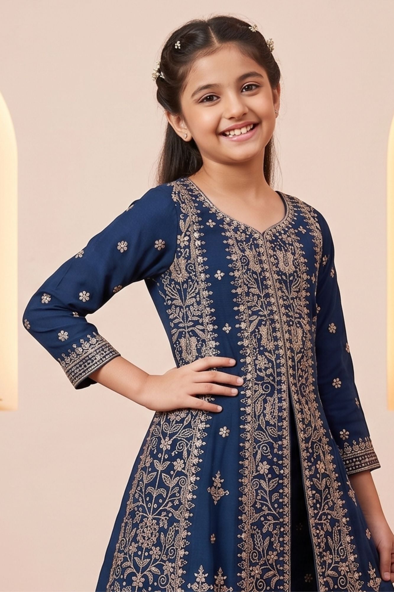 Navy Blue Zari Embroidered Palazzo Set For Girls