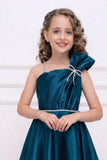 Teal Blue One-Shoulder Embellished Party Gown For Girls