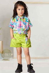 Green Printed Top With Shorts Sets For Girls