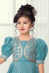 Sky Blue Sequins Worked And Zari Embroidered Ethnic Gown For Girls