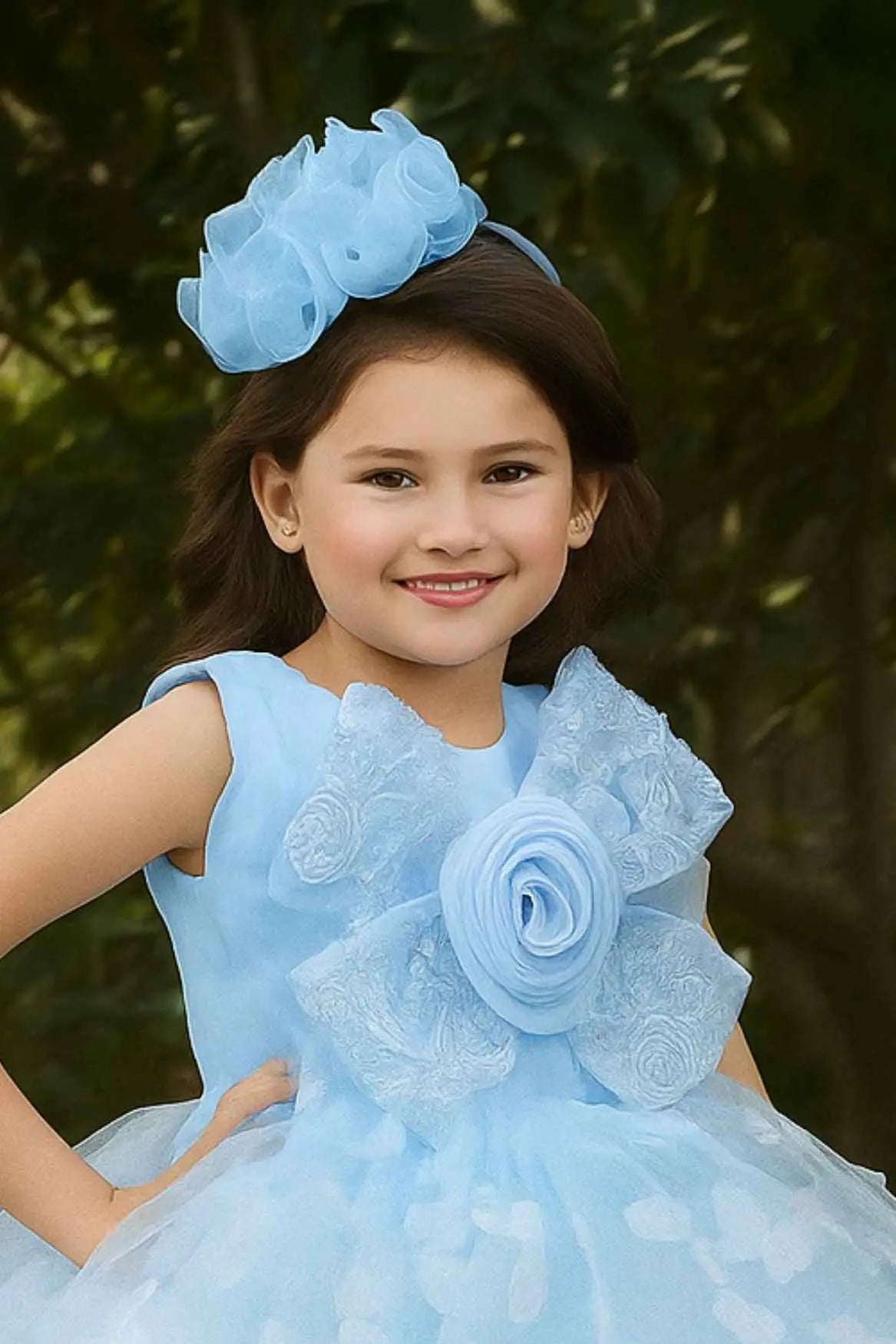 Blue Butterfly And Floral Embellished Party Wear Tailback Frock for Girls
