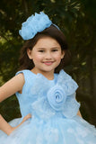 Blue Butterfly And Floral Embellished Party Wear Tailback Frock for Girls