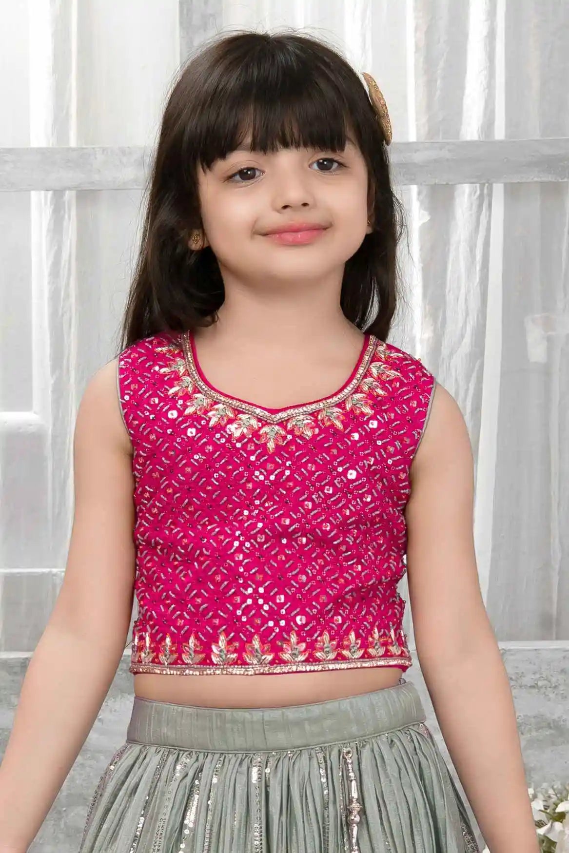 Rani Pink Embroidered Choli With Sage Green Sequin Floral Lehenga and Dupatta For Girls