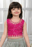 Rani Pink Embroidered Choli With Sage Green Sequin Floral Lehenga and Dupatta For Girls