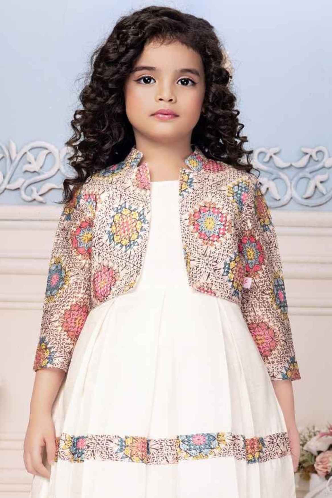 Cream Casual Dress With Floral Printed Overcoat For Girls
