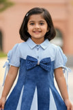 Blue & White Striped Denim Dress with Statement Bow For Girls