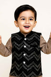 Brown Kurta Pyjama Set With Black Velvet Chevron Nehru Jacket For Boys