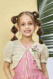 Peach Co ord Set with Beige Crochet Shrug For Girls