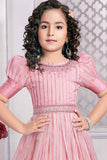 Pink Silk Sequins Gown With Puff Sleeves For Girls